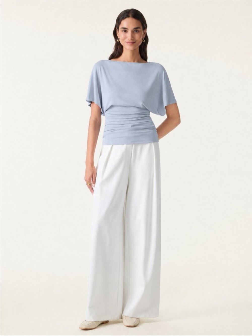 NWT OGL Top Sandwashed Effortless Boatneck Batwing Sleeve Ruched Smoke Blue L